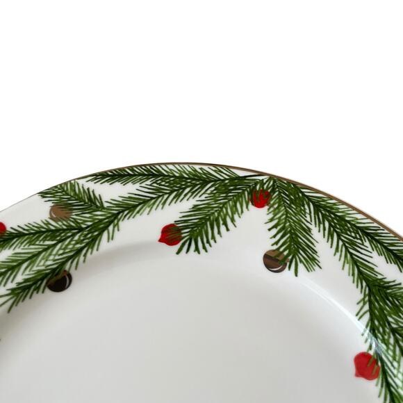 NEIMAN MARCUS Christmas Pine Dinner Plates 12.6in Green & White 4pc Boxed Set - Picture 8 of 16